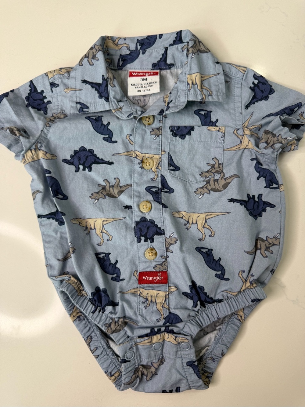 Wrangler Light Blue Dinosaur Button-Down Baby Romper